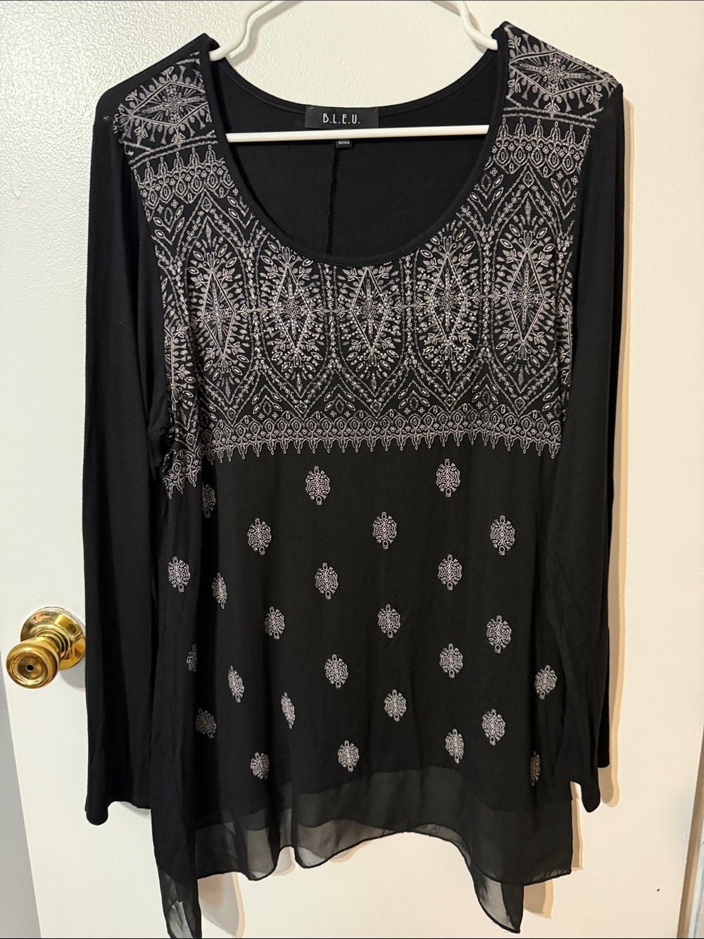 B.L.E.U. Black Long-Sleeve Tunic with Silver Embroidery